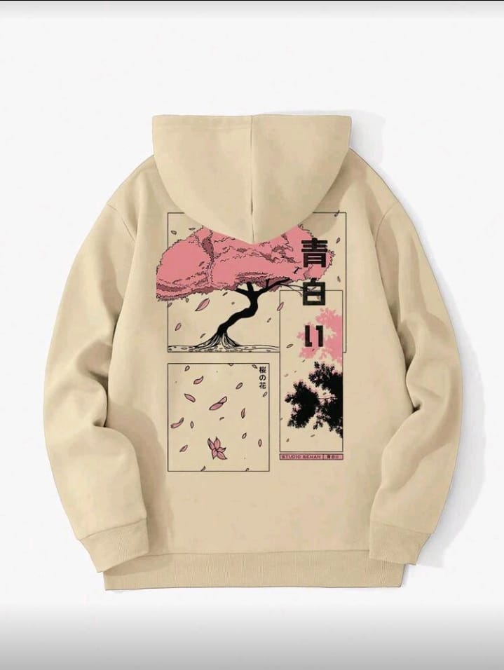 Aesthetic Sakura Tree Graphic Hoodie in Beige