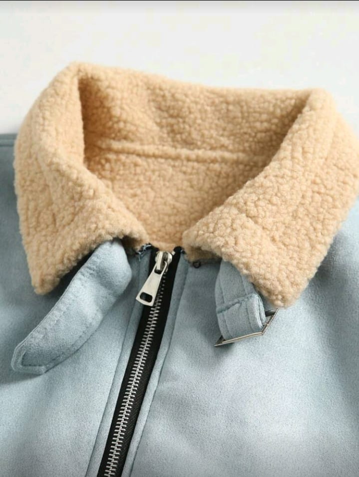 Baby Blue Suede Faux Shearling Lined Jacket