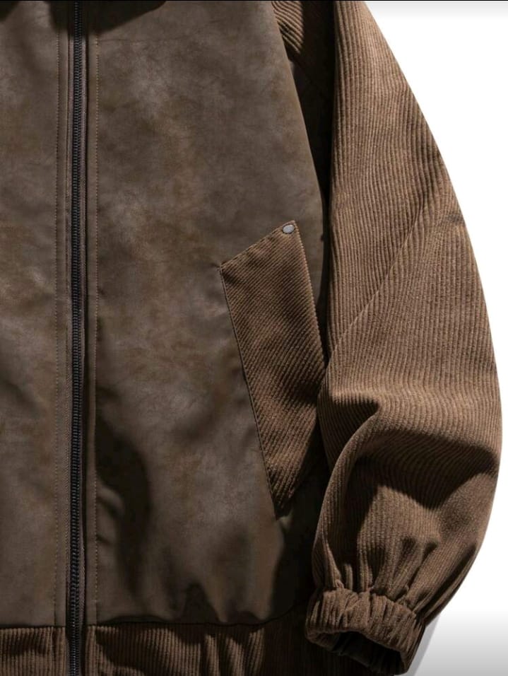 Contrast Fabric Brown Bomber Jacket