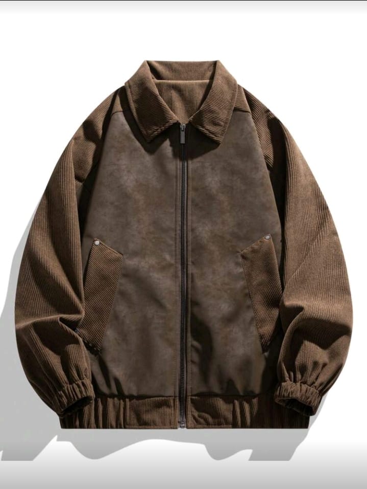 Contrast Fabric Brown Bomber Jacket
