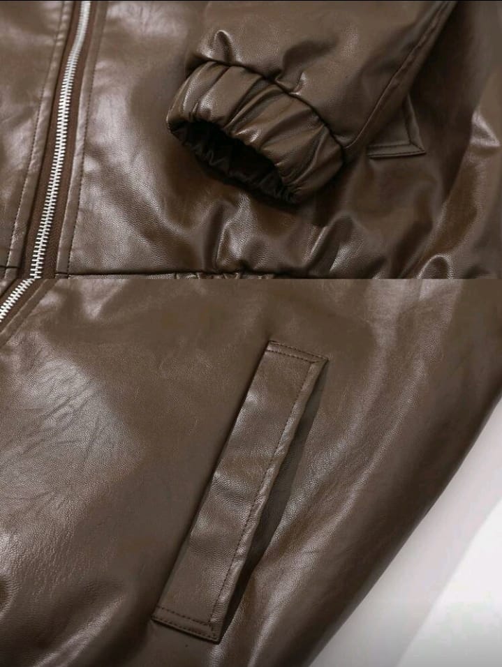 High-Shine Brown Oversized Faux Leather Jacket
