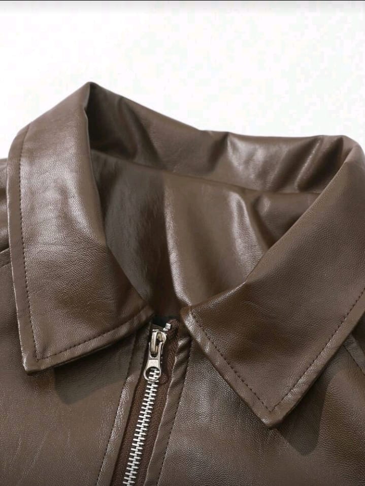 High-Shine Brown Oversized Faux Leather Jacket