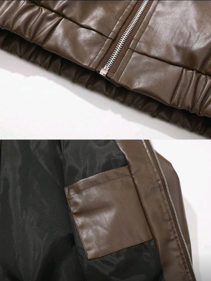 High-Shine Brown Oversized Faux Leather Jacket
