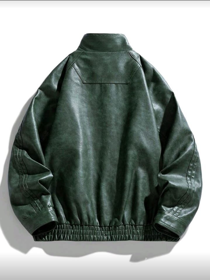 Emerald Green Stand Collar Faux Leather Bomber