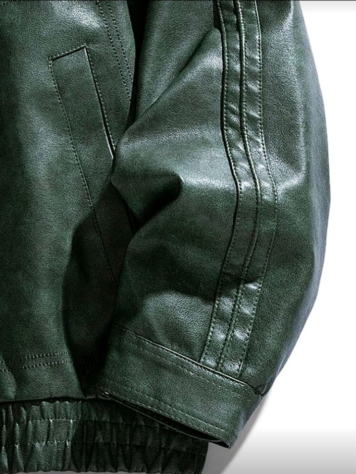 Emerald Green Stand Collar Faux Leather Bomber