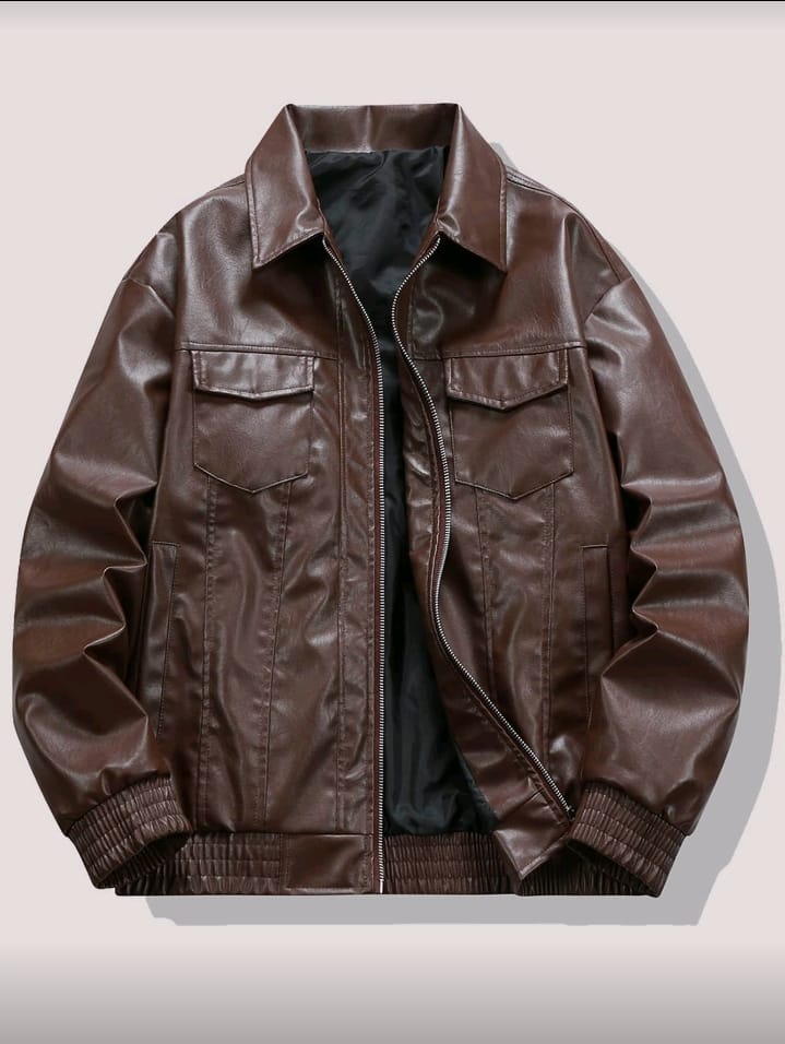 Chest Pocket Brown Faux Leather Jacket