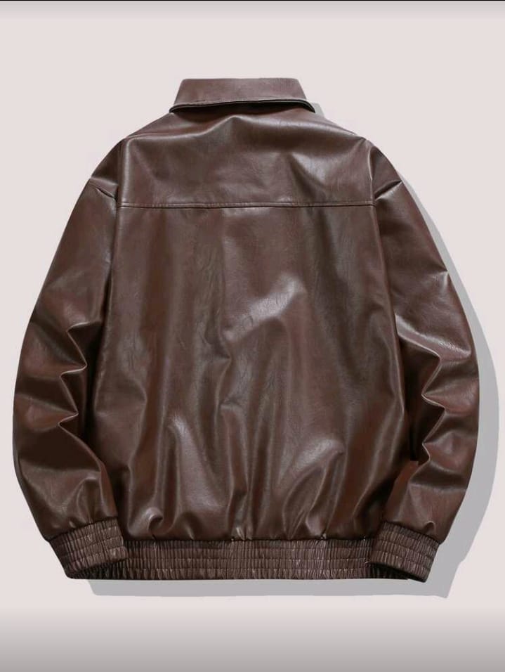 Chest Pocket Brown Faux Leather Jacket
