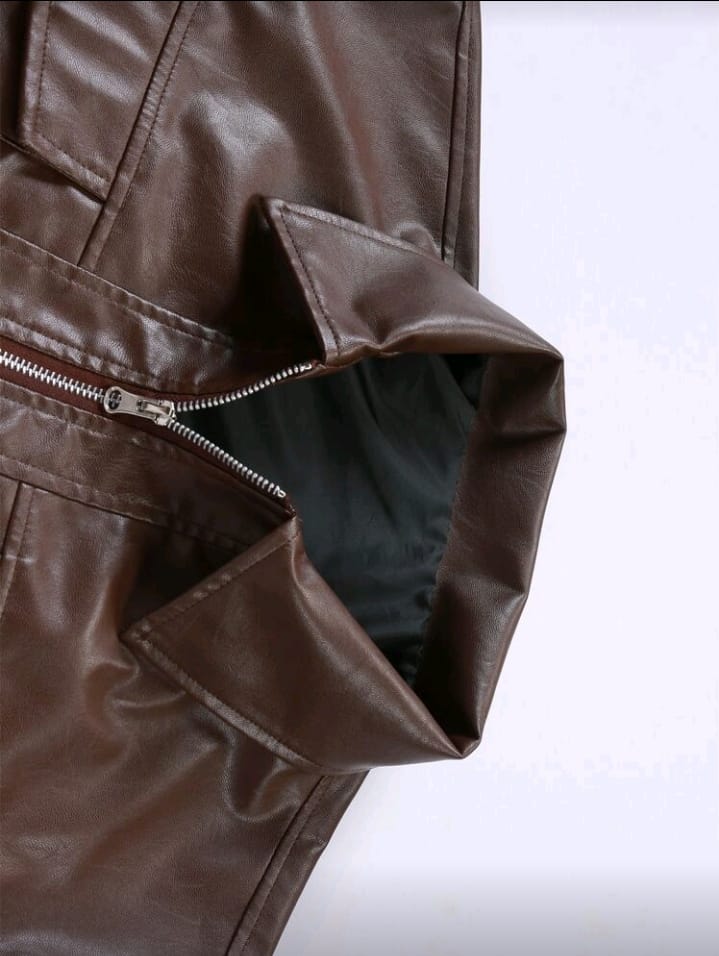 Chest Pocket Brown Faux Leather Jacket