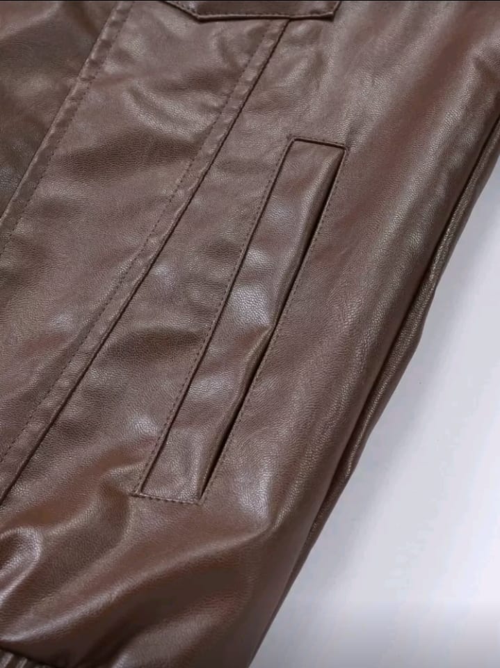 Chest Pocket Brown Faux Leather Jacket