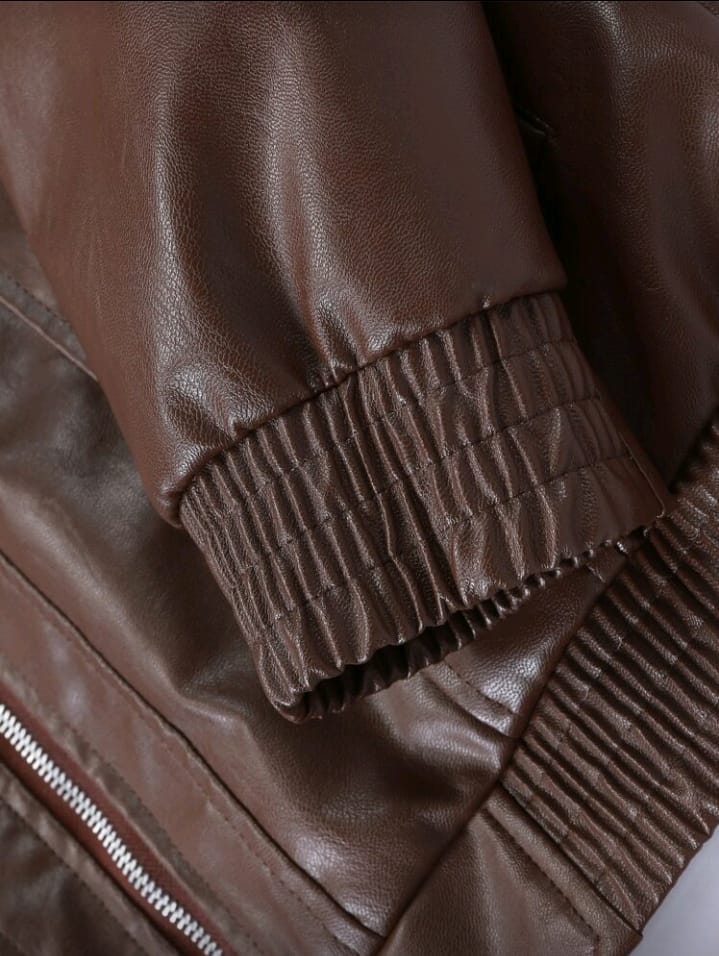 Chest Pocket Brown Faux Leather Jacket