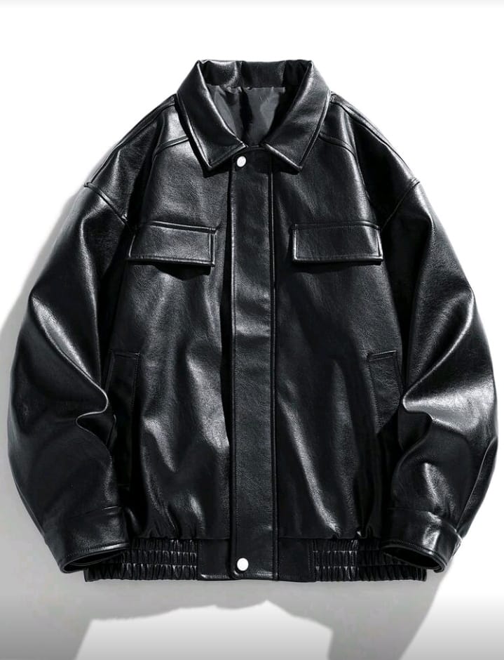 Classic Black Faux Leather Trucker Bomber