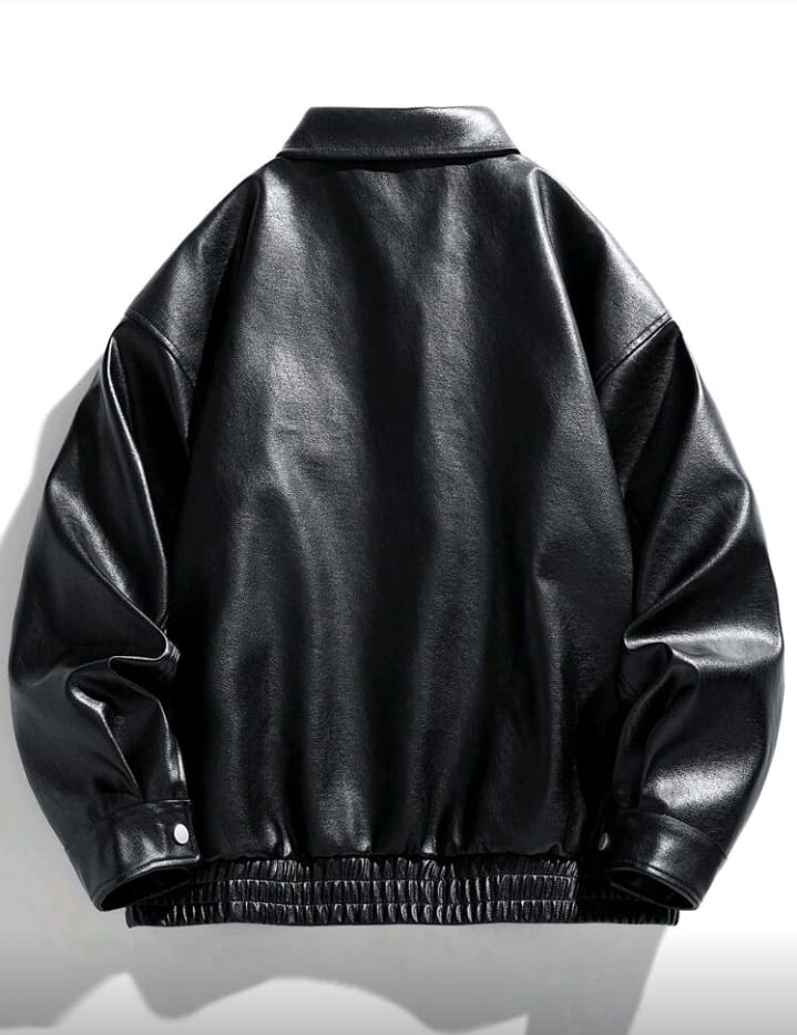Classic Black Faux Leather Trucker Bomber