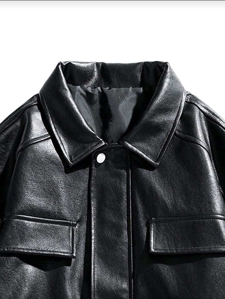 Classic Black Faux Leather Trucker Bomber