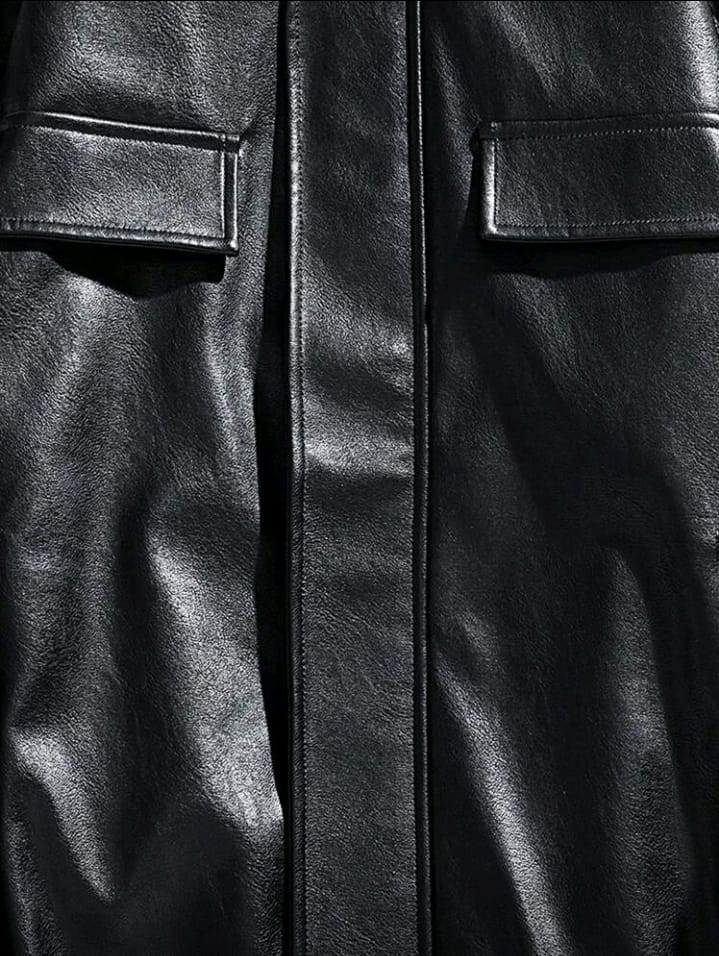 Classic Black Faux Leather Trucker Bomber