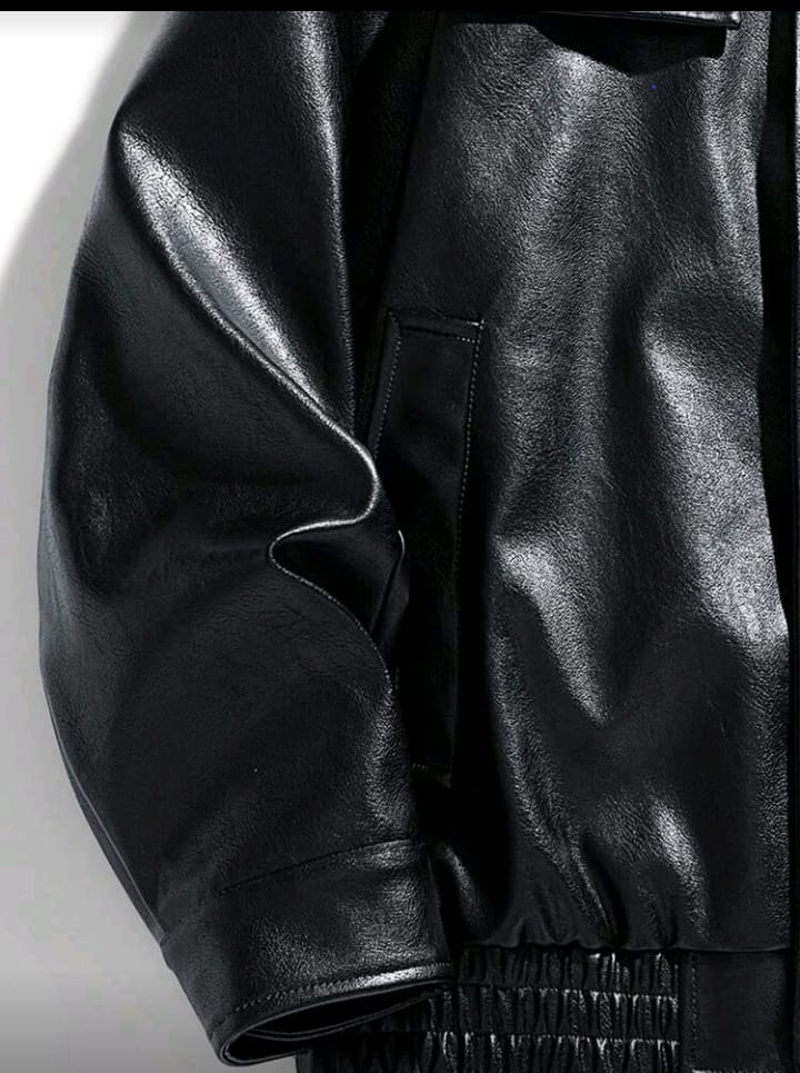 Classic Black Faux Leather Trucker Bomber