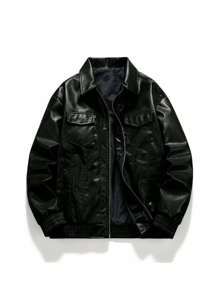 Full-Zip Black Faux Leather Bomber with Chest Pockets