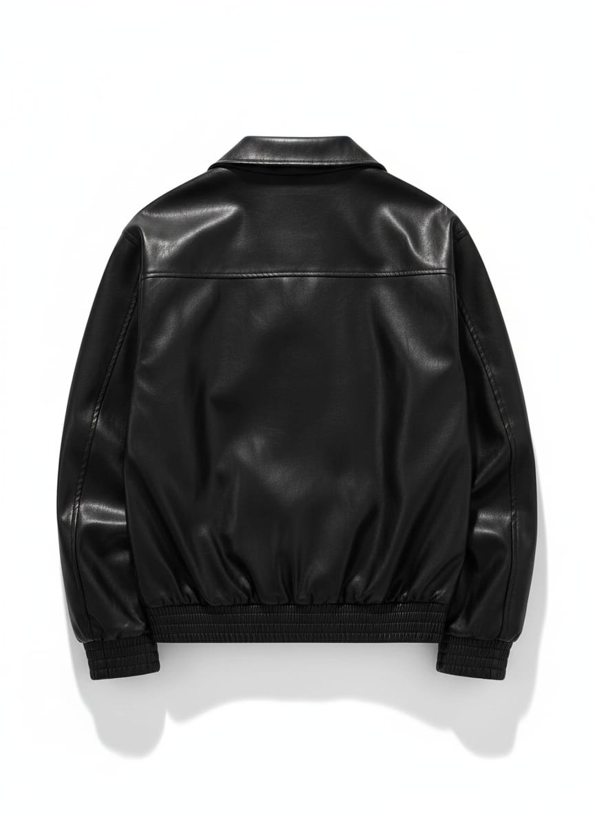 Full-Zip Black Faux Leather Bomber with Chest Pockets