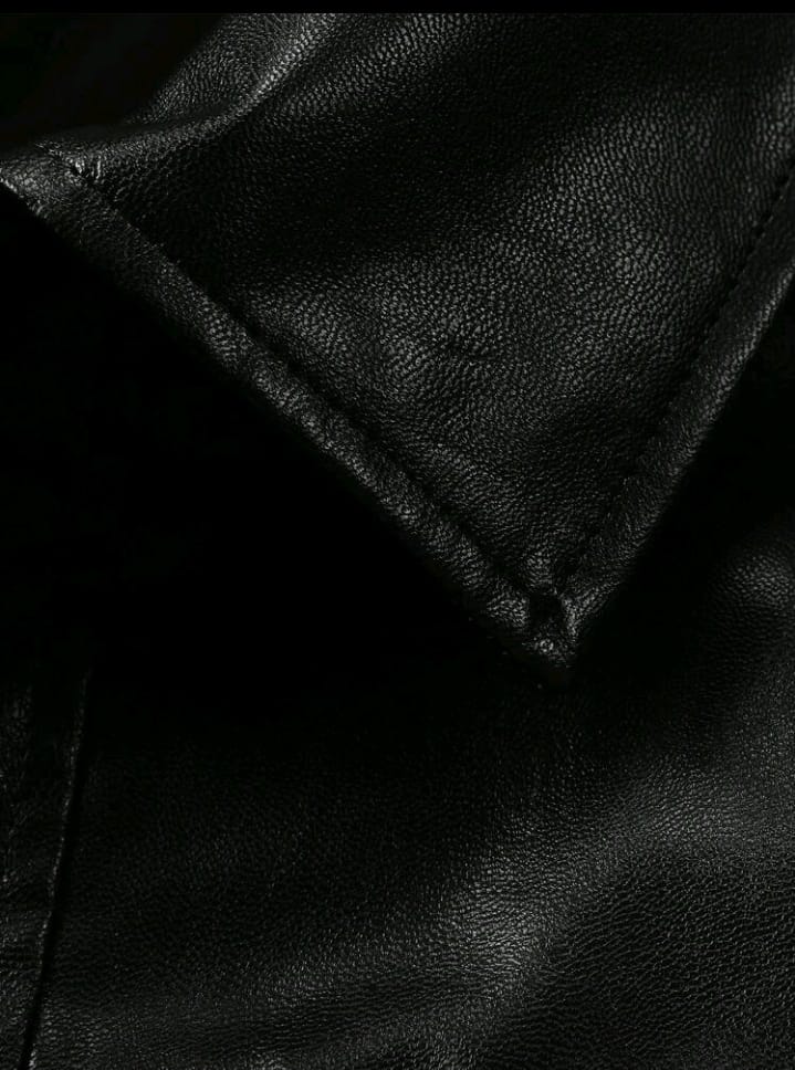 Full-Zip Black Faux Leather Bomber with Chest Pockets