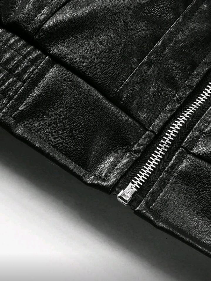Full-Zip Black Faux Leather Bomber with Chest Pockets
