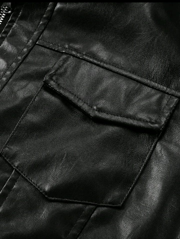 Full-Zip Black Faux Leather Bomber with Chest Pockets