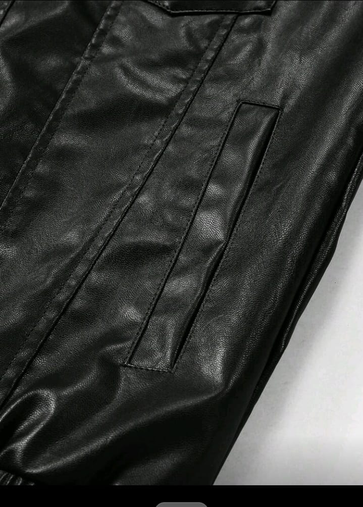 Full-Zip Black Faux Leather Bomber with Chest Pockets