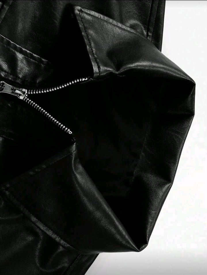 Full-Zip Black Faux Leather Bomber with Chest Pockets