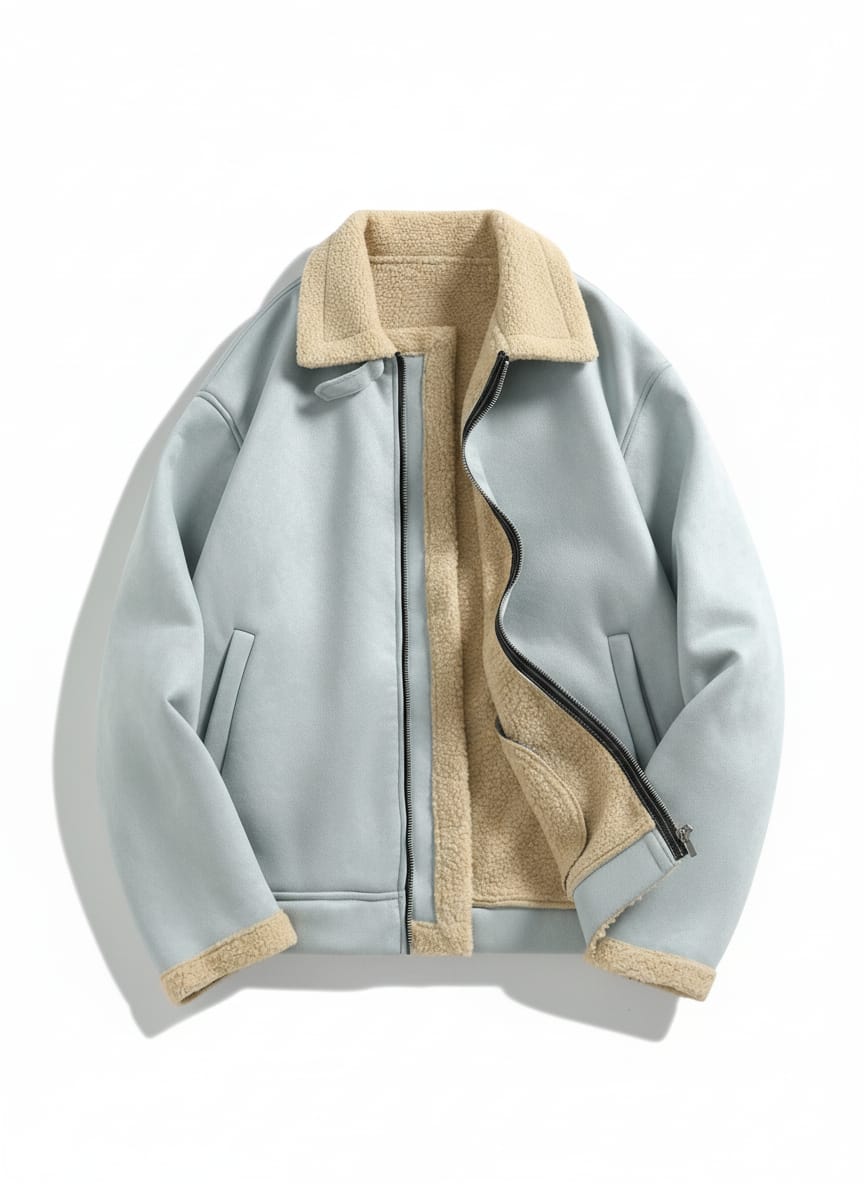 Baby Blue Suede Faux Shearling Lined Jacket