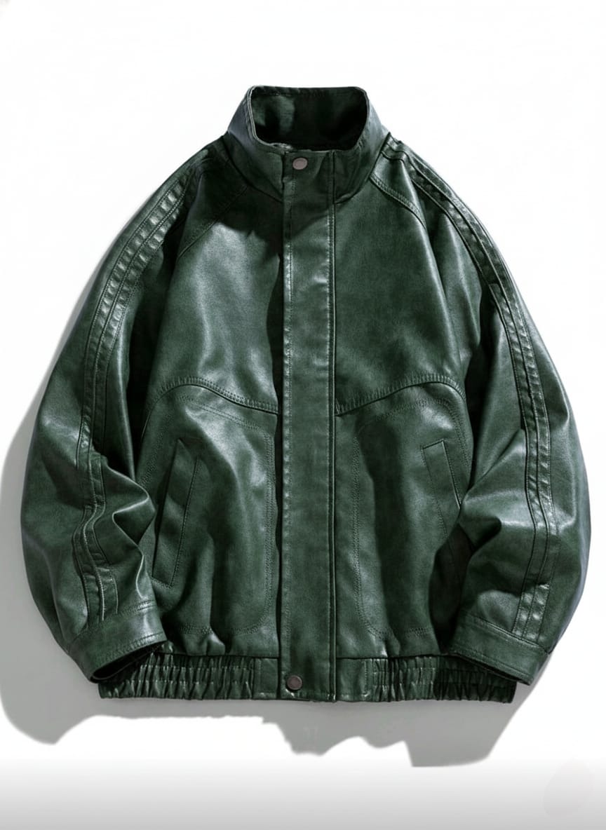 Emerald Green Stand Collar Faux Leather Bomber