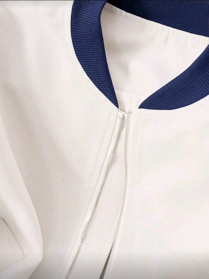 Crisp White & Navy Contrast Bomber Jacket
