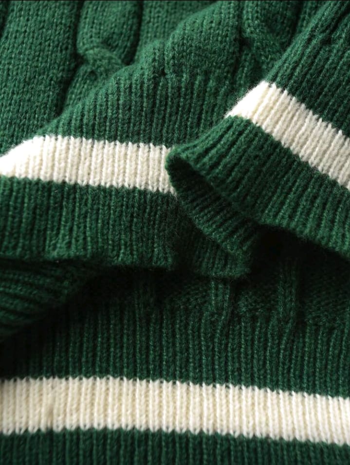 Ivy League Green Cable Knit V-Neck Sweater