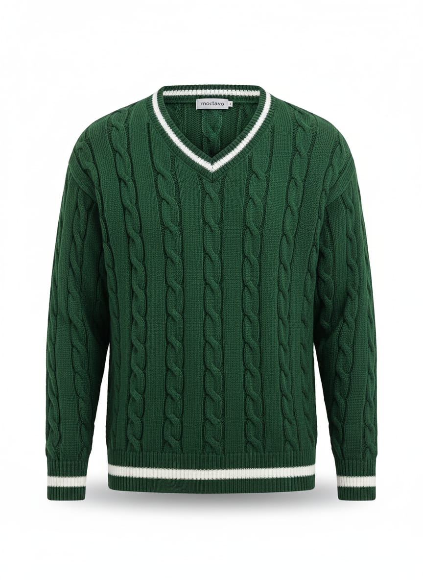 Ivy League Green Cable Knit V-Neck Sweater
