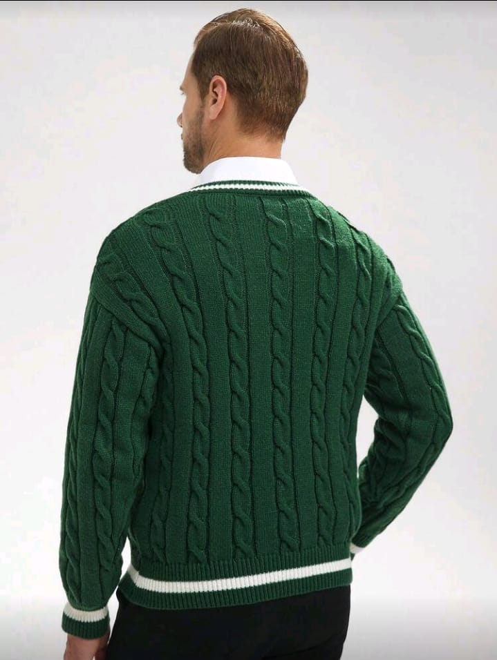 Ivy League Green Cable Knit V-Neck Sweater