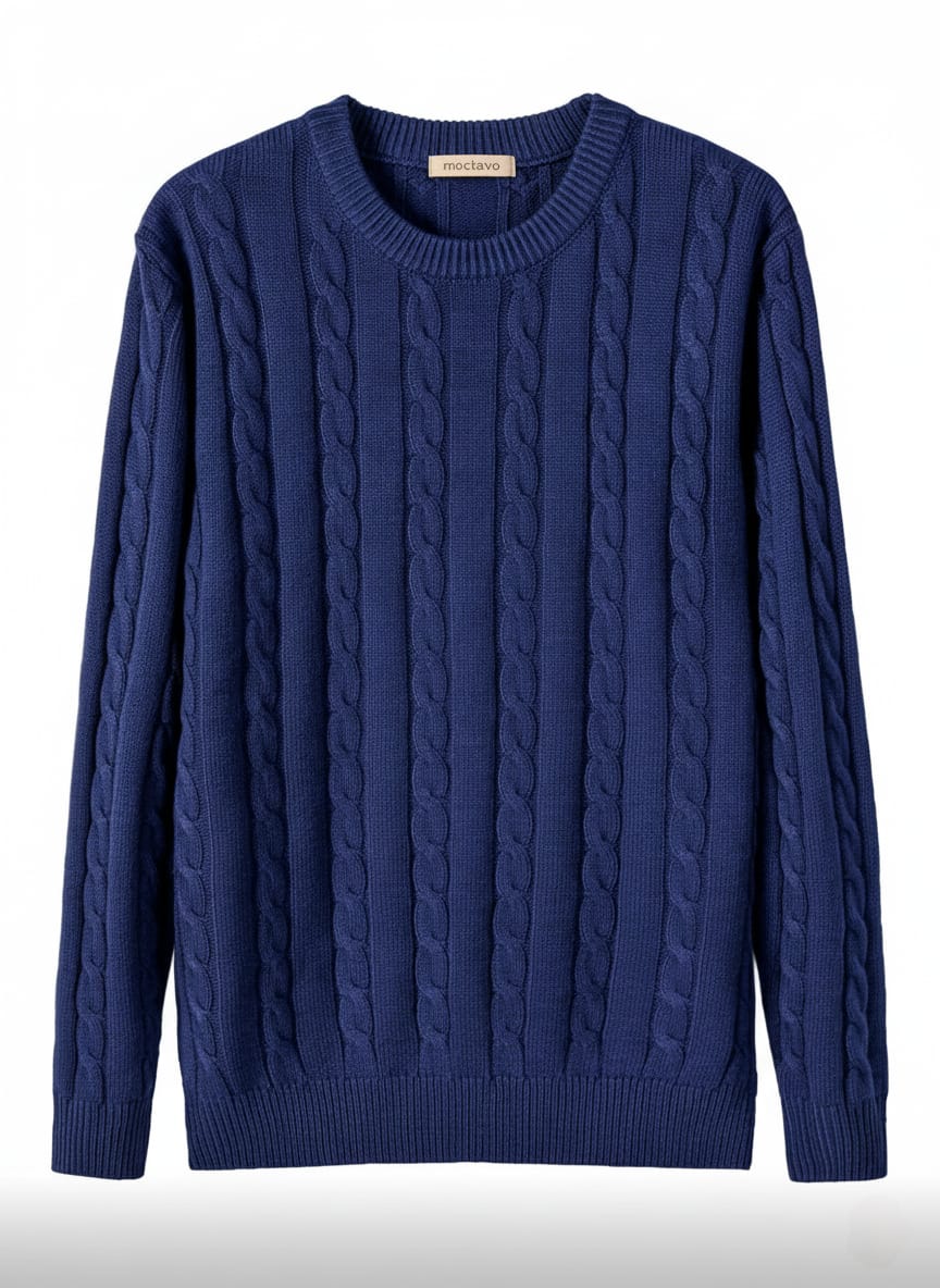 Timeless Navy Blue Crewneck Cable Knit Sweater