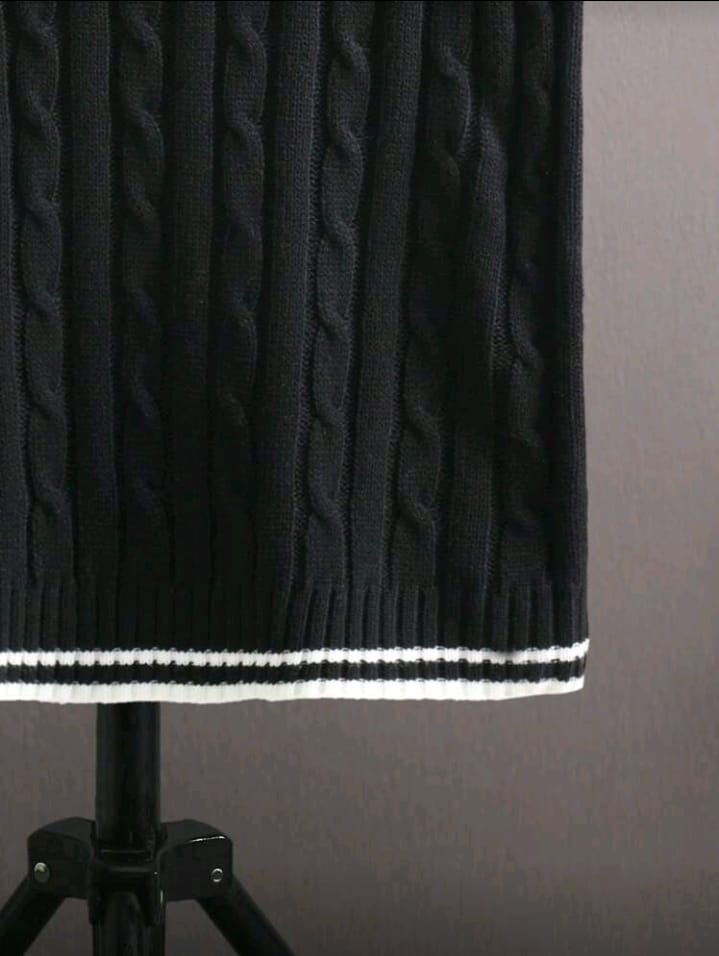 Varsity Black Cable Knit V-Neck Vest