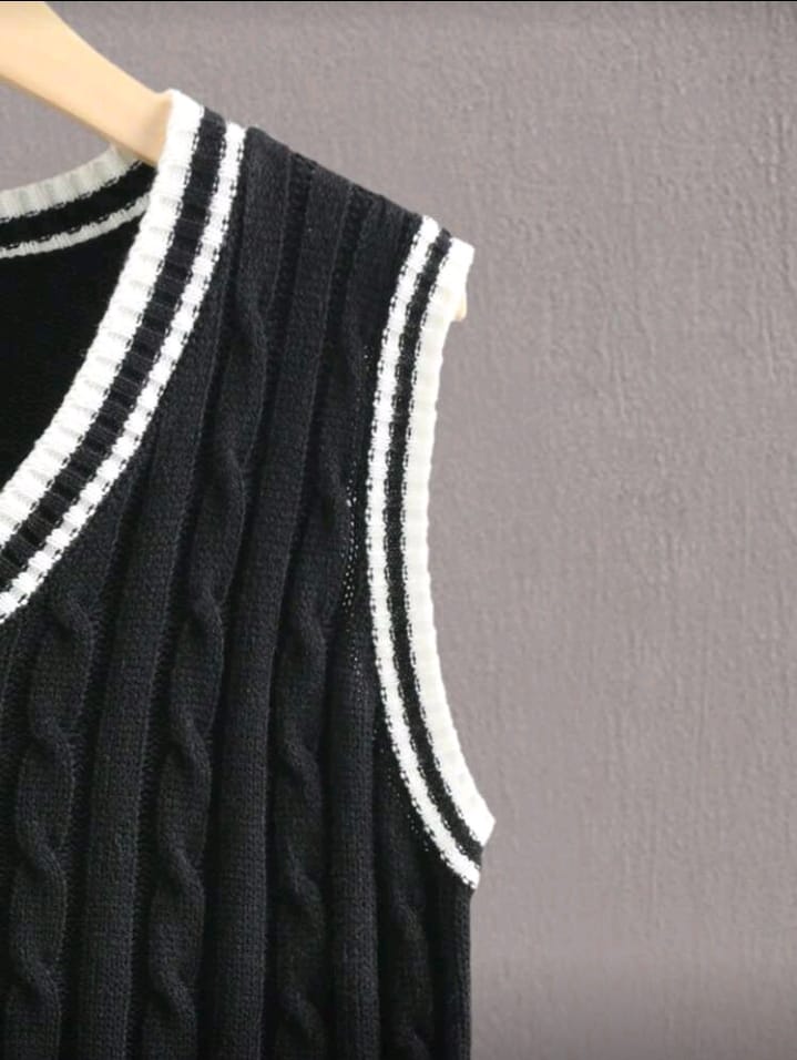 Varsity Black Cable Knit V-Neck Vest