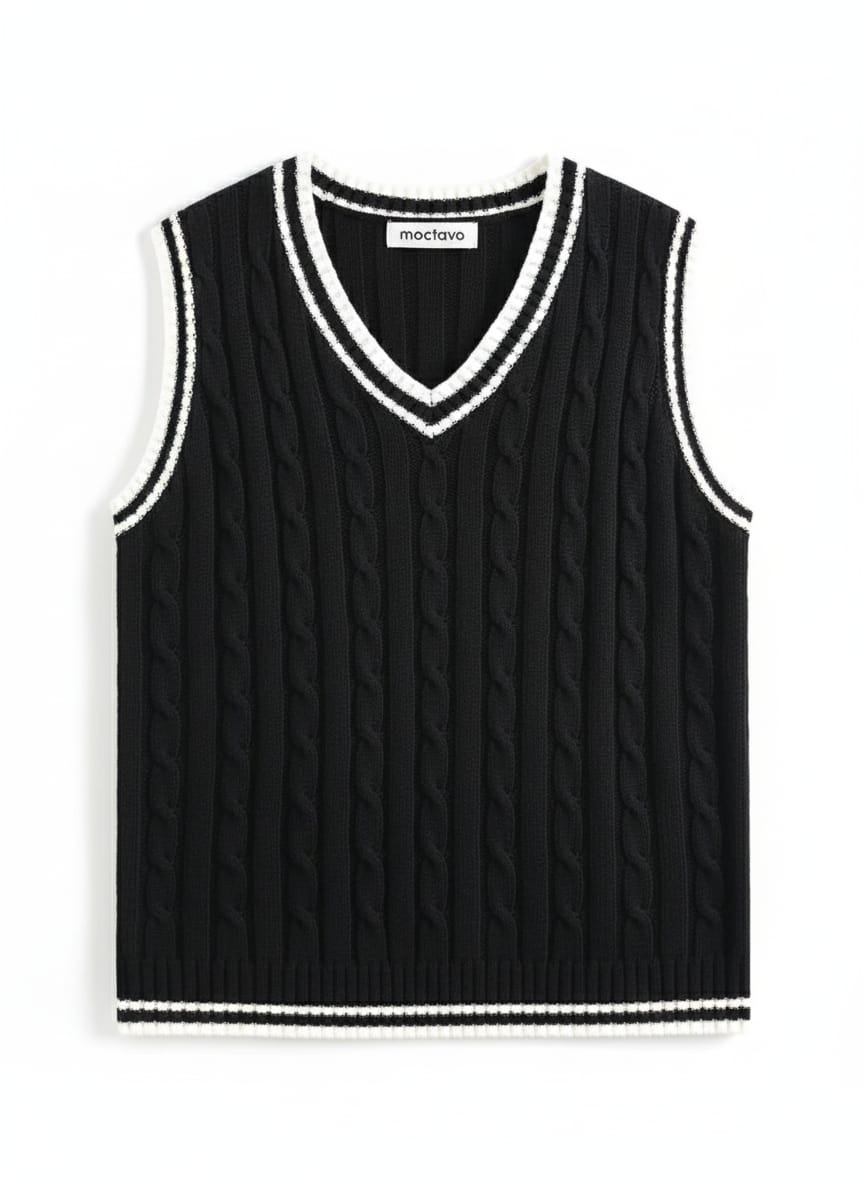 Varsity Black Cable Knit V-Neck Vest
