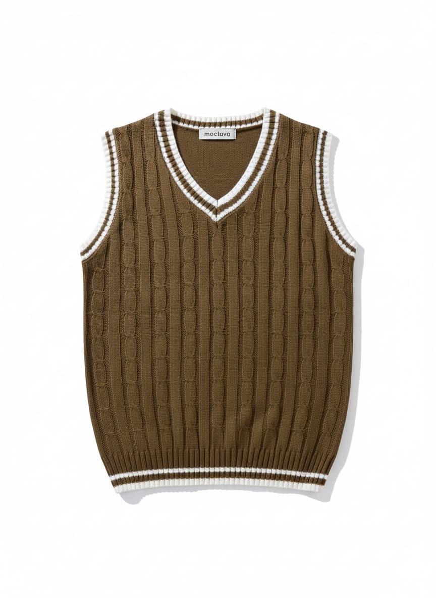 Walnut Brown Cable Knit Trimmed Vest