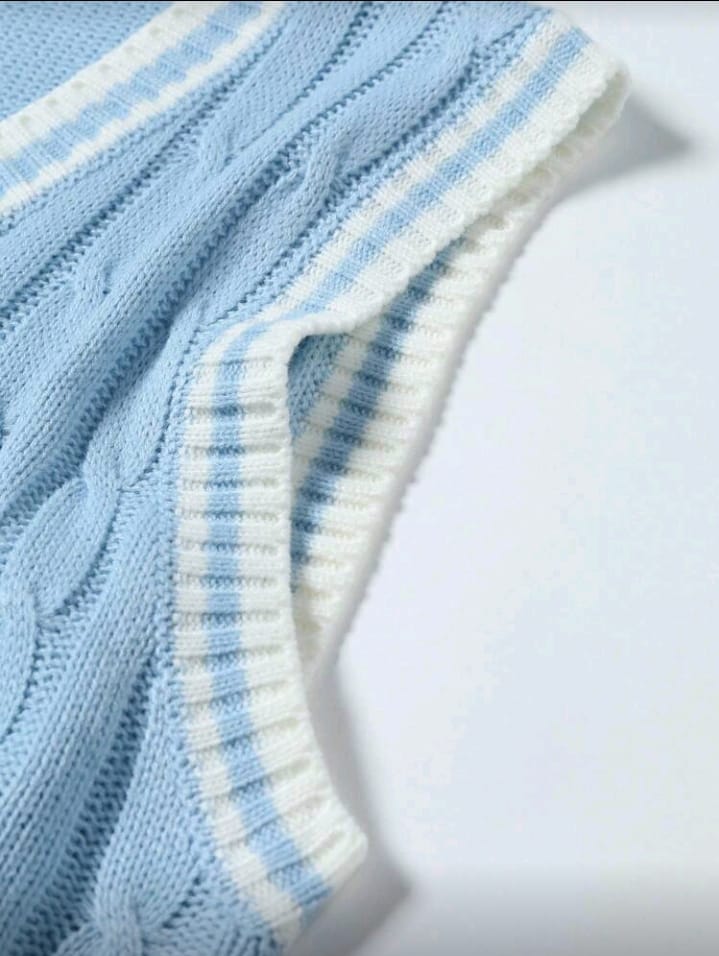 Sky Blue Preppy Cable Knit V-Neck Vest