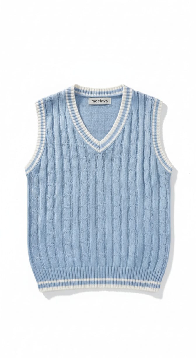 Sky Blue Preppy Cable Knit V-Neck Vest
